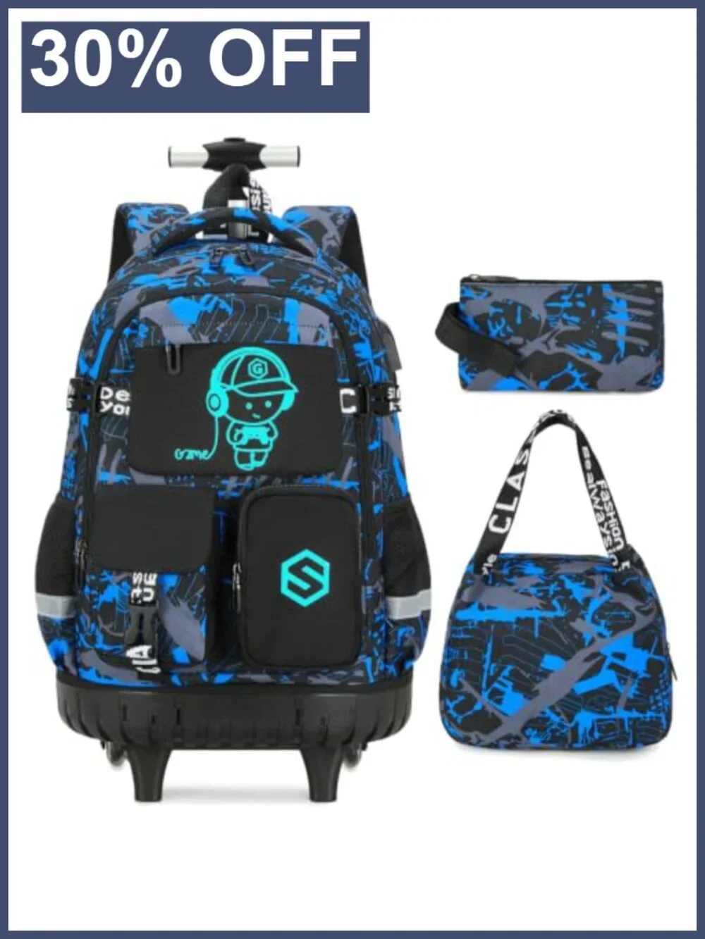 Boys Rolling Backpack with Lunch Bag and Pencil Pouch, Luminous Gamer Design,